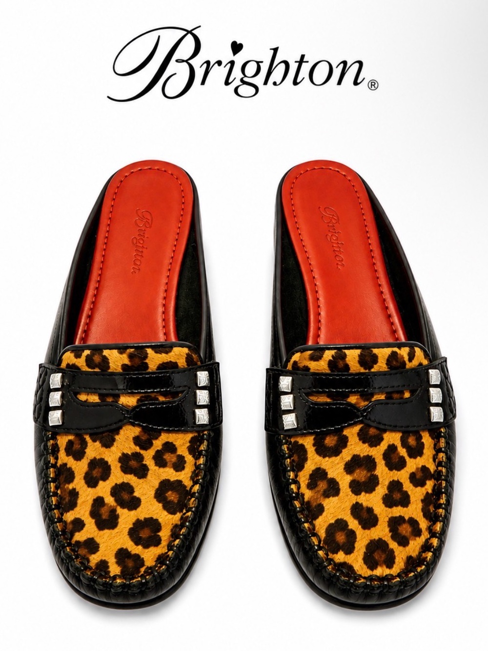 Brighton Leopard-Print Slide Mules with Black Trim and Red Insole